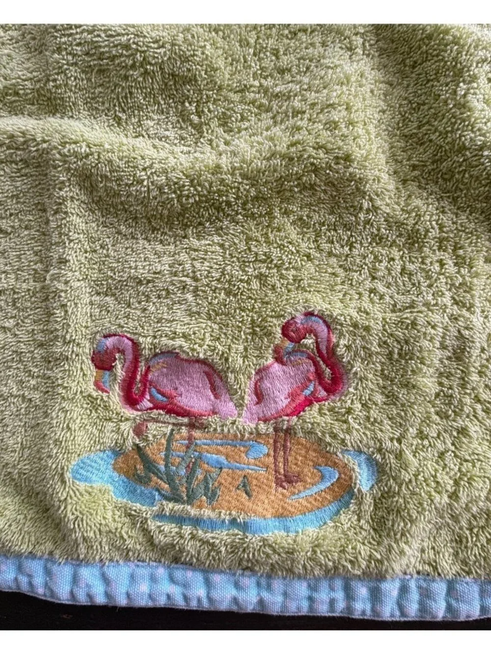 Flamingo Themed Green Hand Towels With Blue Polka Dot Trim Set Of 2